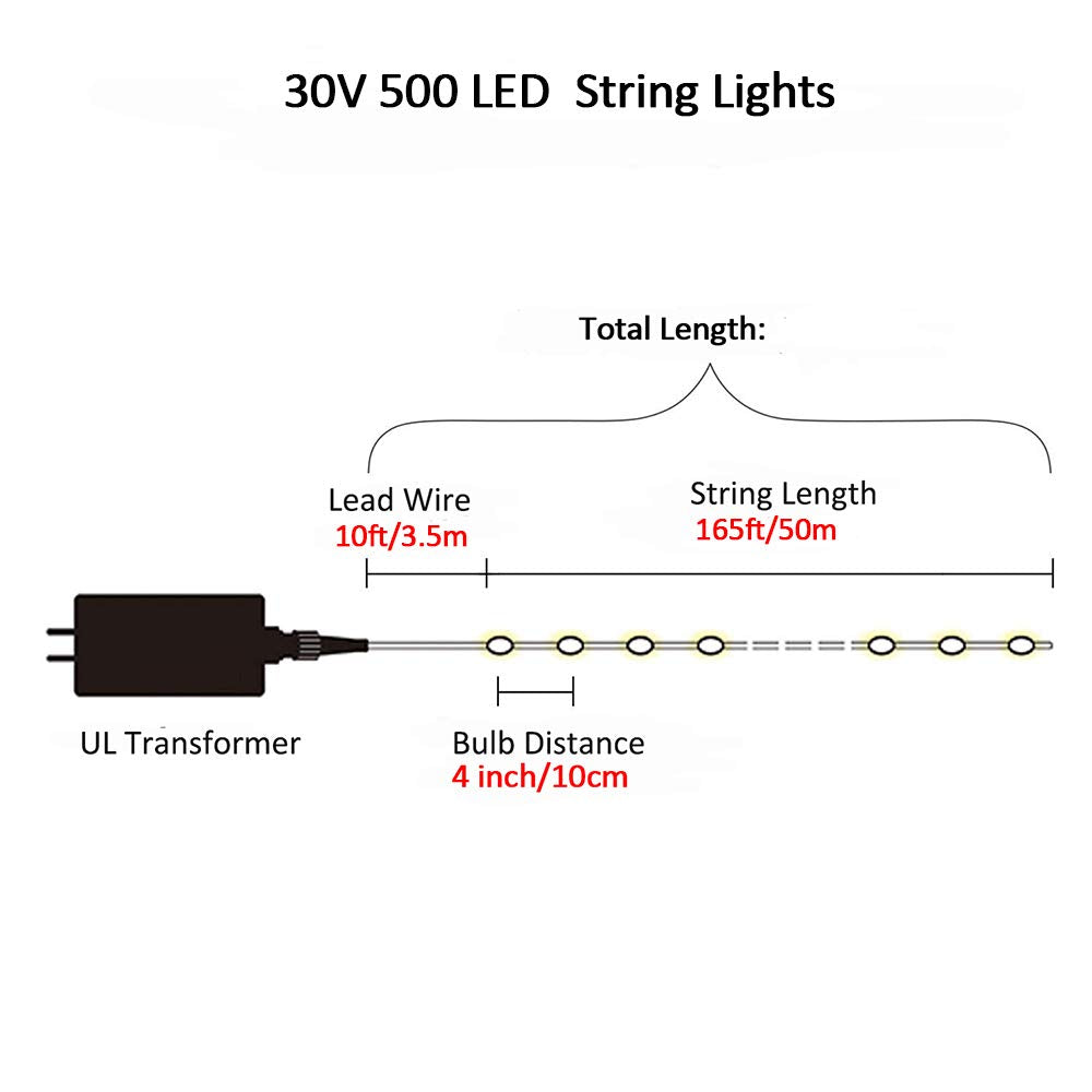 Mygoto Led String Lights 500Led 165Ft Indoor/Outdoor Fairy Lights 30V 8 Modes Blue+White For Home, Party, Wedding, Wall Decoration