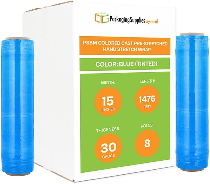 PSBM Blue Stretch Wrap, 15 Inch x 1476 Feet, 8 Pack, Tinted Pre-Stretched Shrink Wrap Film for Moving, Packaging, Pallet Wrapping