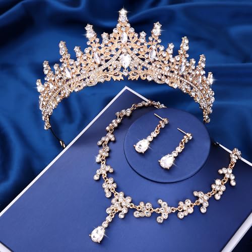 Feltent Tiaras and Crowns Jewelry Set for Women Tiaras Earrings and Necklace for Wedding Rhinestone Crystal Bridal Jewelry...