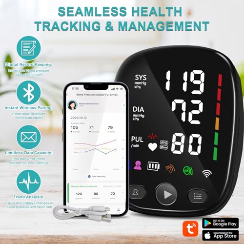 Bluetooth Automatic Blood Pressure Monitor for Home Use - with Adjustable Upper Arm Large Cuff (8.7"-17.3"), App Tracking,...