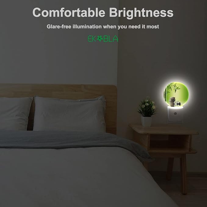 EKOBLA Meditation Night Light Bamboo Zen Stones Oriental Spa Peaceful Night Lights Plug into Wall Auto on/Off LED Round Lamp for Men Women Home Living Room Bathroom