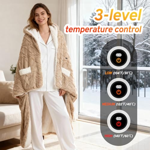 Heated Throw Blanket Wearable Battery Operated, 59" x 63" Cordless Portable Electric Blanket Wrap Poncho, Outdoor Heated S...
