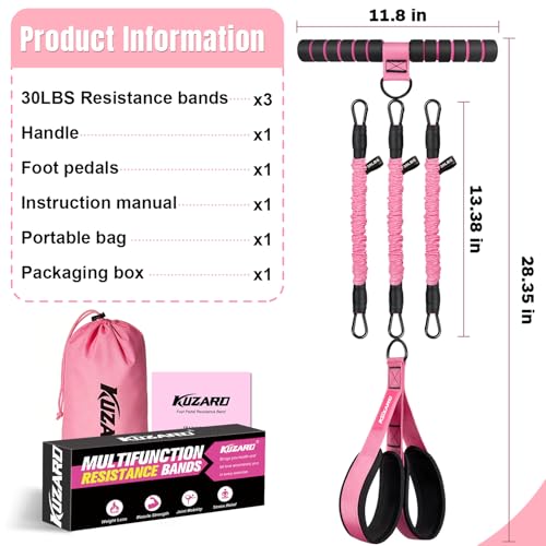 KUZARO Upgraded Multifunction Pedal Resistance Band with Handle, 3 Tube Adjustable Resistance Bands for Abdomen, Waist, Ar...
