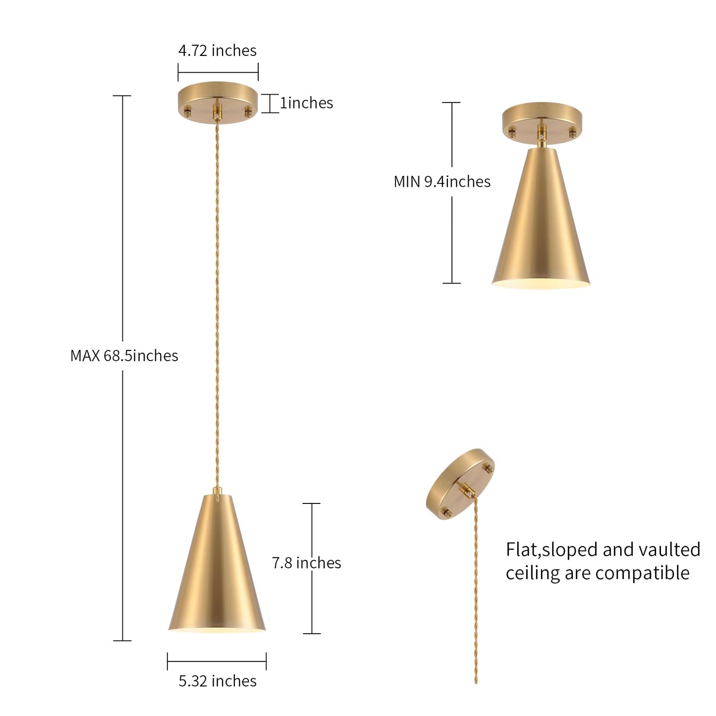 Dijiahua Gold Battery Operated Pendant Lights, 3 Pack, Remote Control, Wireless Rechargeable, Brass Metal Shade, Model P-JDH0117