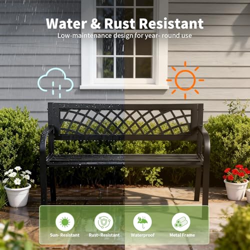 Garden Bench,Outdoor Benches,Iron Steel Frame Patio Bench with Mesh Pattern and Plastic Backrest Armrests for Lawn Yard Po...