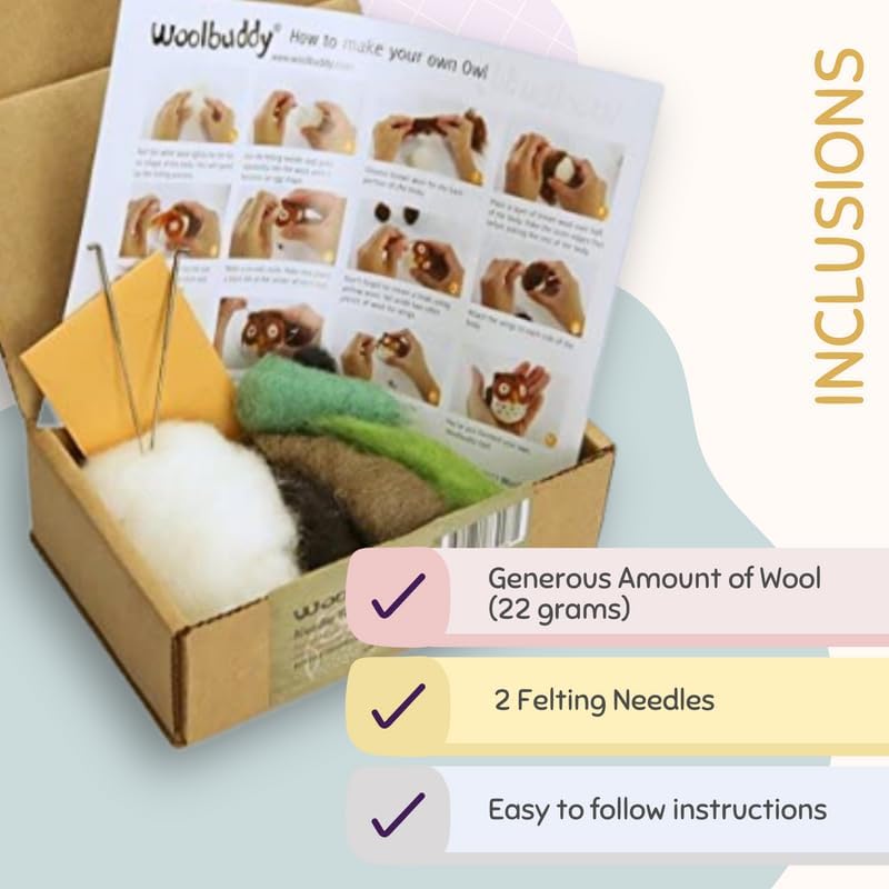 Woolbuddy Owl Needle Felting Kit for Beginners – DIY Animal Craft Kit with Wool, Needles & Photo Instructions – Fun Project for Adults & Kids