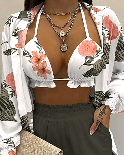CCIGO Womens 3 Piece Outfits Floral Shirt Bra + Shorts with Pockets Casual Tracksuits Set Beach Cover up Sets