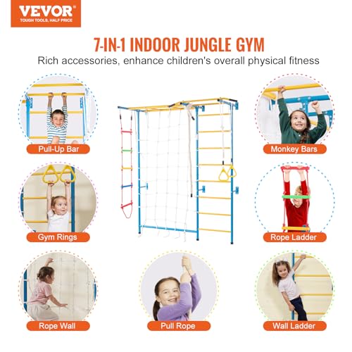 VEVOR Indoor Jungle Gym for Toddlers, 7-in-1 Climbing Playset with Carbon Steel Swedish Ladder, Wall Ladder, Pull-Up Bar, ...