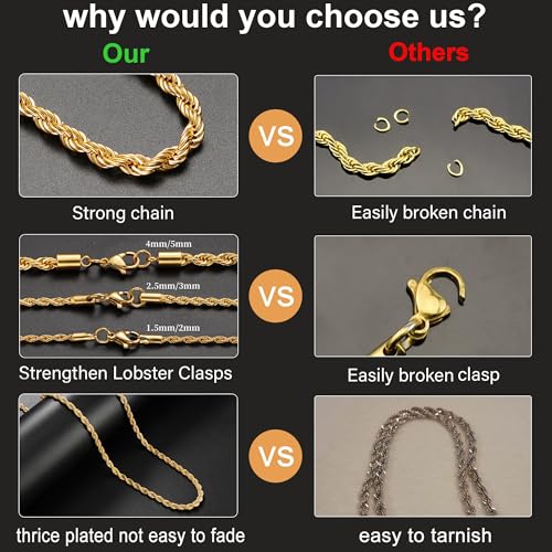 Monily Valentine's Day gifts 24k Real Gold Plated Rope Chain 1.5mm 2.5mm 5mm Stainless Steel Twist Chain Necklace for Men ...