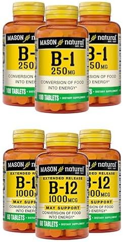 Bundle of MASON NATURAL Vitamin B1 Thiamine 250 mg, Support Natural Energy Levels, 100 Tablets (Pack of 3) + B-12 1000Mcg Cyanocobalamin Extended Release Tablets, 60-Count Bottles (Pack of 3)