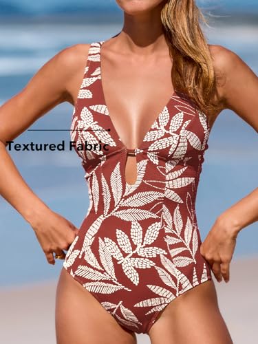 CUPSHE Women's One Piece Swimsuit Deep V Neck Keyhole Cutout O Ring Textured Bathing Suit