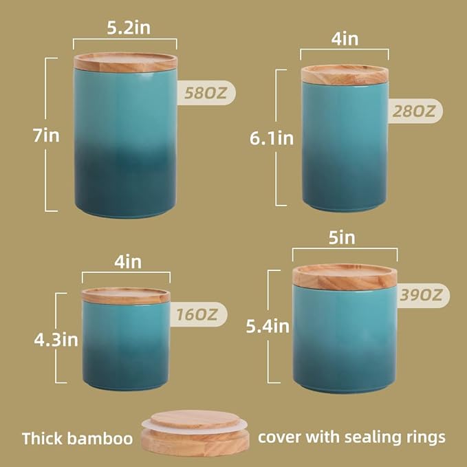 Sweejar Kitchen Canisters Ceramic Food Storage Jar Set, Stackable Containers with Airtight Seal Wooden Lid for Serving Ground Coffee, Tea, Herbs, Grains, Sugar, Salt - Set of 4 (Gradient Orange)