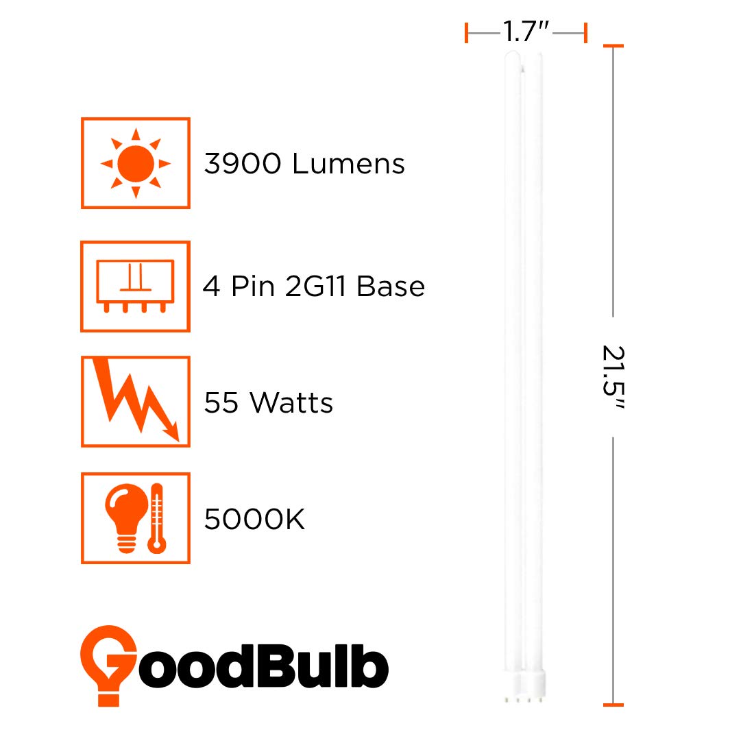 Pll55/850 | 55W 21.5 Twin Tube Compact Fluorescent Light Bulb | 4-Pin 2G11 Base 5000K Daylight 3900 Lumens | Car Dealership Lighting | Pack Of 10 By Goodbulb