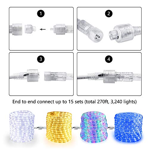 Brizled Warm White Rope Lights, 18ft 216 LED Rope Lights Waterproof, 120V Plugin White Christmas Light Connectable with Cl...