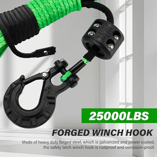 TYT Synthetic Winch Rope Kit - 1/4'' x 50' with 10000 lbs Strength, Protective Sleeve, Heavy Duty Hook, Rubber Stopper, & ...
