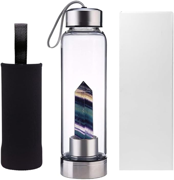 Crystal Glass Water Bottle,Water Bottle With Gemstone Center Crystal Elixir Bottle,Removable Gemstones Creative Water Cup Crystal Column Magic Wand Energy Cup for Gifts (H-Dark Colorful Fluorite)