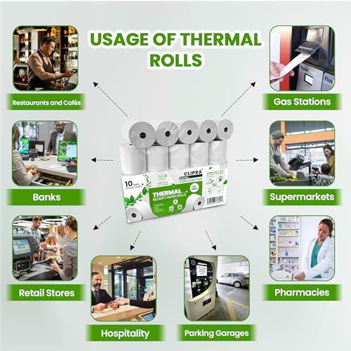 CLIPRA 3 1/8 x 230 Thermal Paper Receipt Rolls (10 PACK) [USA Based Brand] 55 GSM - Compatible with All POS Systems, Cash ...