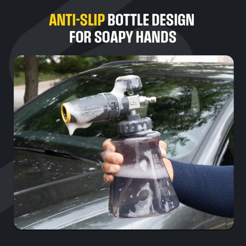 Active Foam Cannon with ¼ inch quick connector for Electric and Gas Pressure Washers. Wide-mouth bottle and variable spray...
