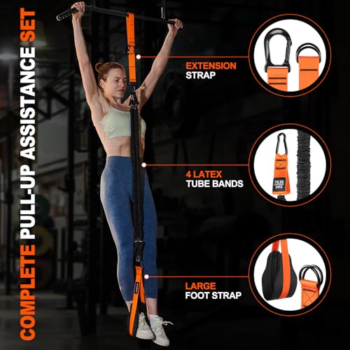 Pull Up Assistance Bands Set - 4 Heavy Duty Resistance Bands 300lbs, Adjustable Weight/Size with Footrest for Home Gym Str...