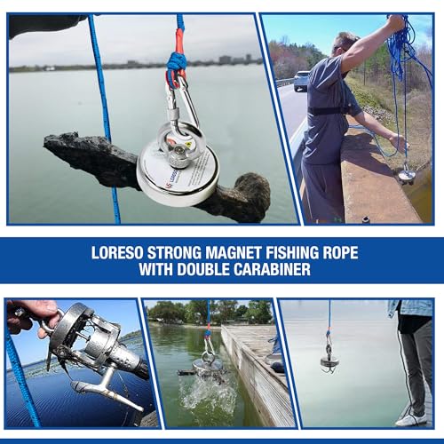 Loreso Strong Magnet Fishing Rope Carabiner, Camping Rope - Heavy Duty 1200 lb Strength All Purpose Ropes, 1/3 Inch Reinfo...