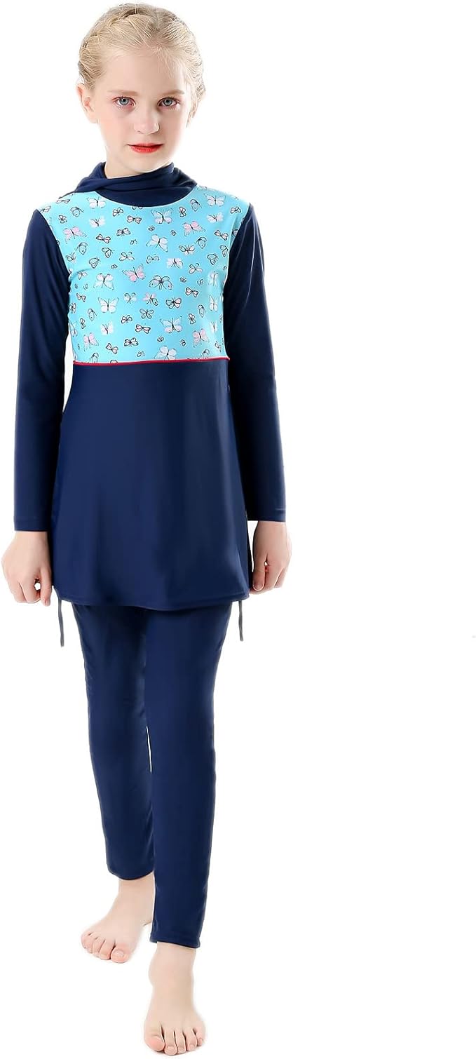 Girls Muslim Swimsuit Sweetheart Top + Pants Full Coverage Swimwear Islamic Cap Swimming Burkini Bathing Suit