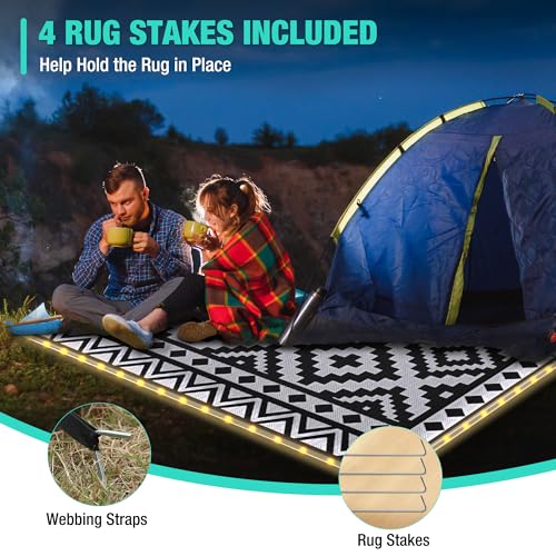 HAUSHOF 5'X8' Outdoor Rug Waterproof with LED Strip Light, Reversible Outdoor Plastic Straw Rug, Patio Rug with 4 Rug Stak...