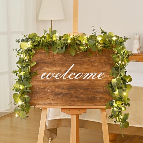 Dolicer 6 Packs 6FT Artificial Eucalyptus Garland with LED Light String, Faux Greenery Garland Hanging Fake Silver Dollar ...