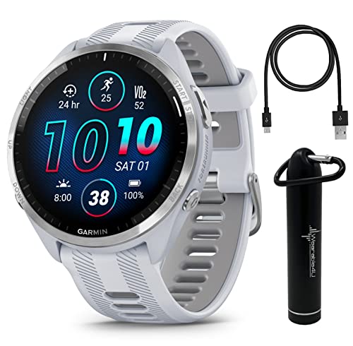 Wearable4U - Garmin Forerunner 965 Premium GPS Running and Triathlon 47mm Smartwatch with AMOLED Touchscreen Display, Titanium Bezel with Whitestone Silicone Band with E-Bank Bundle