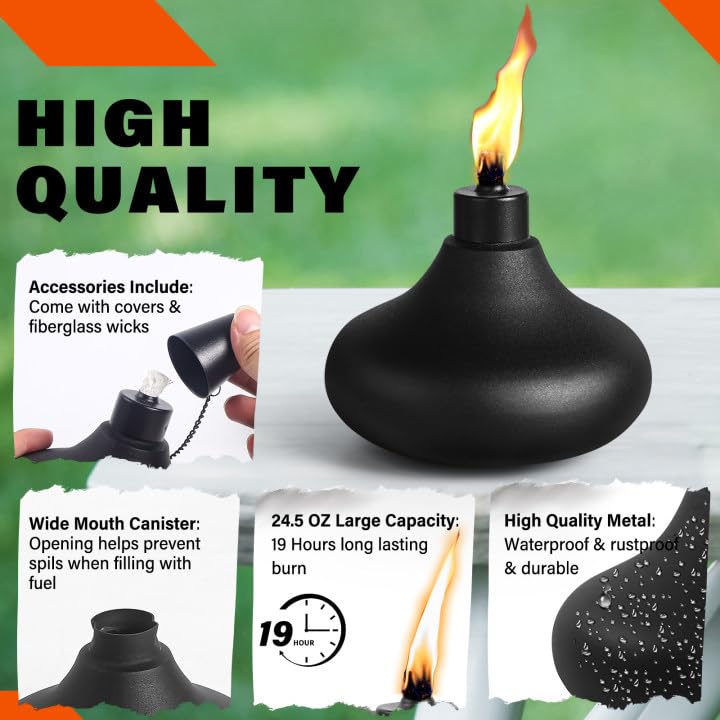 FAN-Torches 8 Pack Metal Table Top Torches, Refillable Citronella Light, Black, Model JYW-ZM-08