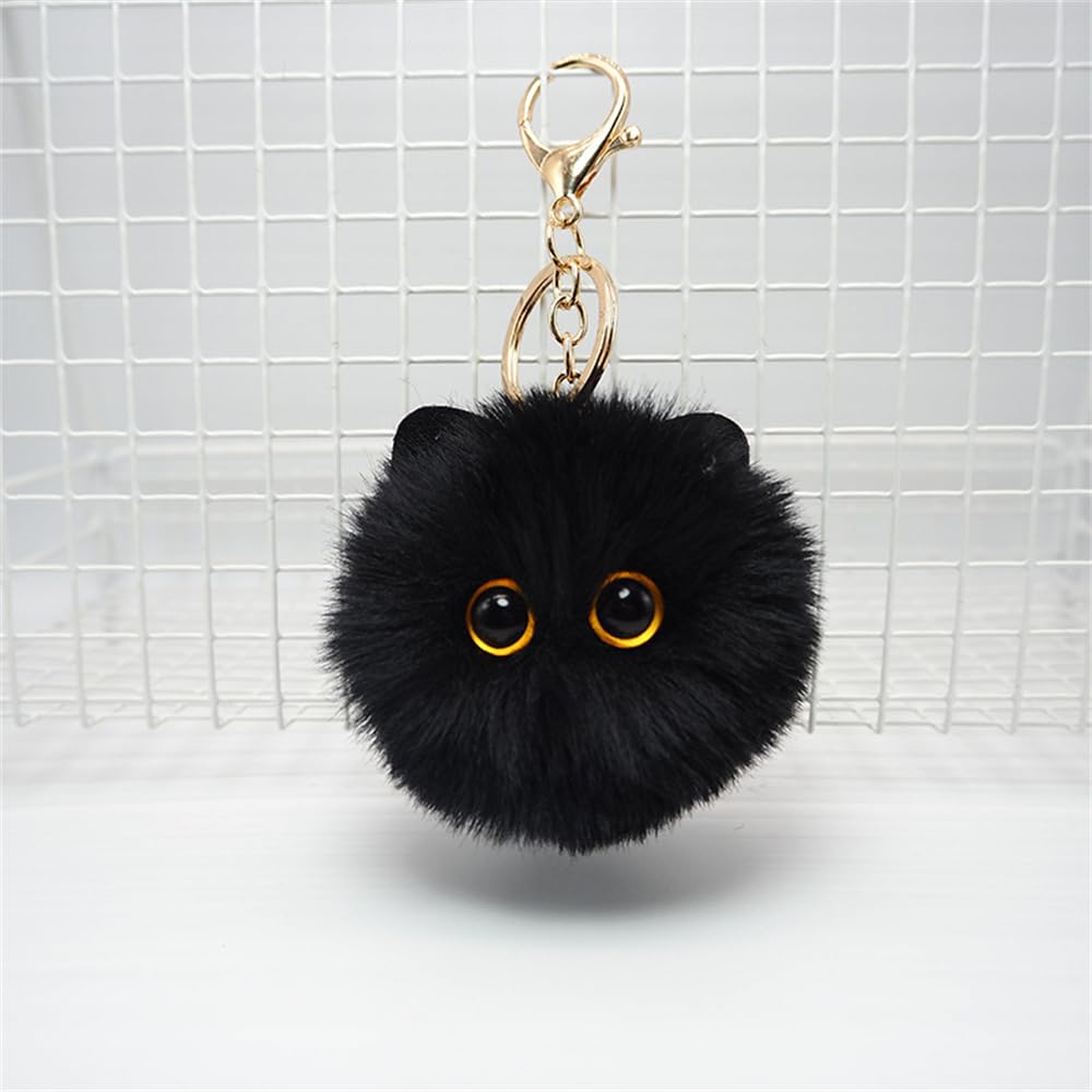 Cute Cat Pom Pom Keychain Cat Fluffy Plush Charm Keyring for Bag Purse Car Backpack Accessories-Black