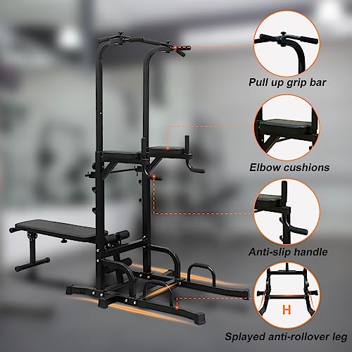 SculPong Pull Up Bar Station Adjustable Power Tower for Home Gym Strength Training Dip Stands with Bench