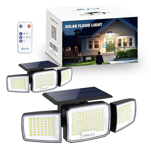 JEJOT Solar Security Light Outdoor Super Bright LED, Motion Sensor Flood Light, 3 Heads 270° Wide Angle, Remote Control,IP...