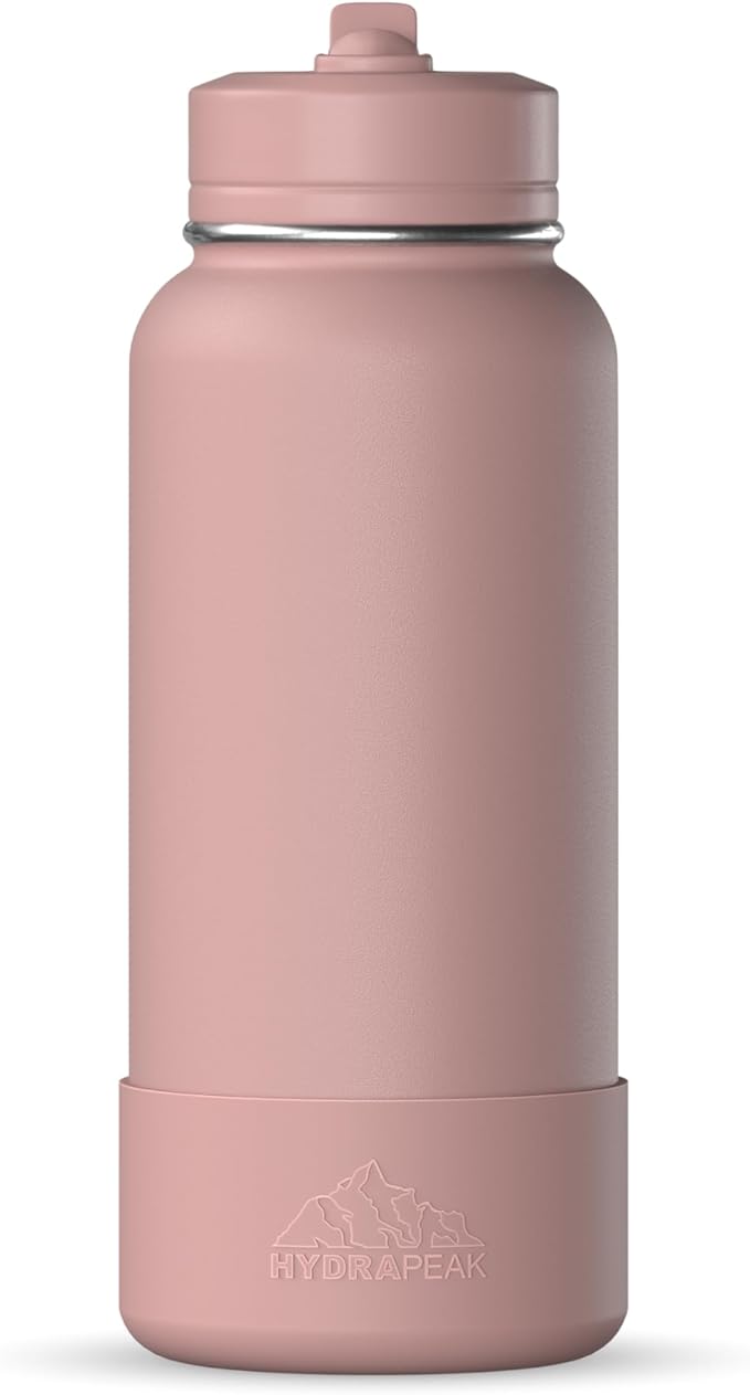 Hydrapeak 32oz Sport Insulated Water Bottle with Straw or Chug Lid, Leak & Spill Proof, Keeps Drinks Cold for 24 Hours, Hot for 12 Hours, Premium Stainless Steel Water Bottles (32oz, Rosewood)