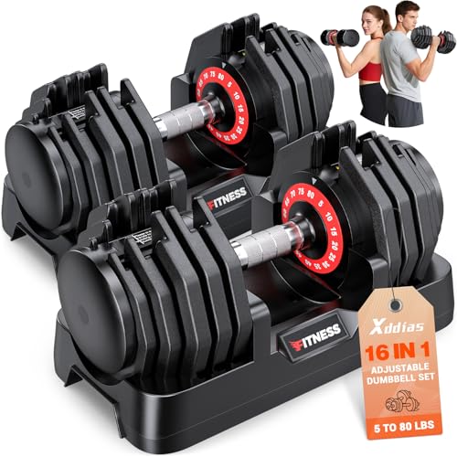 XDDIAS Adjustable Dumbbell Set of 2, 25/55/80LB Dumbbell Set-Fast Adjust Weights Set, 5/10/16 in 1 Free Weights Dumbbells ...