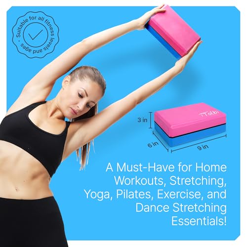 Yoga Blocks 2 Pack with Strap & Guide – Non-Slip EVA Foam Pilates Blocks for Home Workouts, Dance, Ballet, Gymnastics & St...