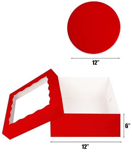 qiqee 12x12x6 Cake Box, 18 Sets Red Cake Box with Window ＆ 18 Sets 12" Red Cake Round Boards, 12inch Cake Containers