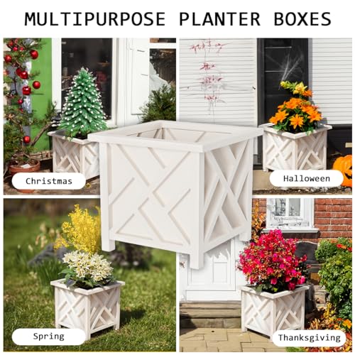 Lattice Design Outdoor Planter Box - 14.75” Square 13” Tall White Plant Pot - Decorative Plant Pots for Front Porch Decor...
