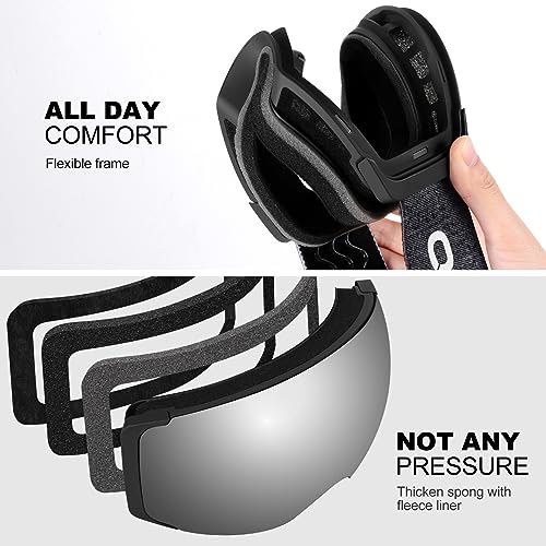 Odoland Magnetic Interchangeable Ski Goggles with 2 Lens, Large Spherical Frameless Snow Snowboard Goggles for Men Women