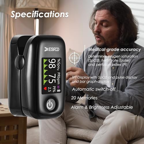 Pulse Oximeter Fingertip, Black, Blood Oxygen Saturation Monitor with TFT Display, SpO2 and Heart Rate Measurement Device