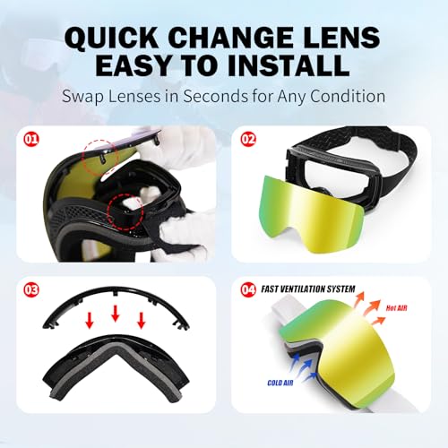 VCOROS Snowboard Ski Goggles Men Women Frameless Anti Fog OTG Snow Goggles Skating Skiing Snowmobile Detachable Lens