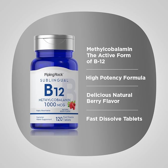 Piping Rock Vitamin B-12 Sublingual 1000 mcg | 120 Tablets | Methylcobalamin | Berry Flavor | Non-GMO, Gluten Free Supplement