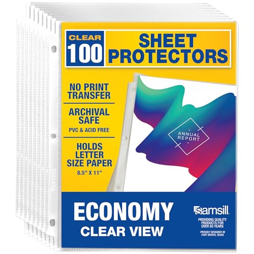 Samsill 100 Pack Sheet Protectors, 8.5x11 Inch Page Protectors for 3 Ring Binder, Standard Weight, Clear Protector, Letter...