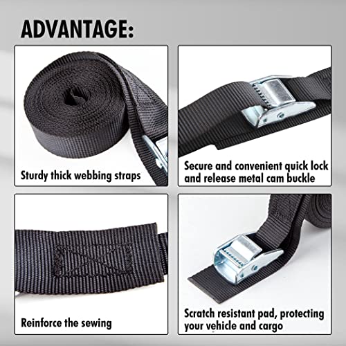 Cartman 1" x 15'Lashing Straps with Adjustable Cam Buckle Cargo Tie Down with Protective Pad, 4 Pack, Black