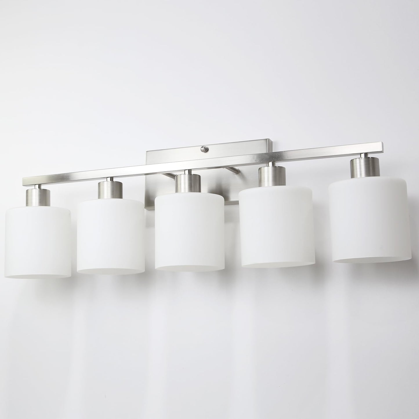 Silampdi 5-Light Bathroom Lighting Fixtures Over Mirror  Brushed Nickel Bathroom Vanity Light  Modern Rustproof Wall Sconce Lights  Milky White Frosted Glass Shades  E26 Base  Bulbs Not Included