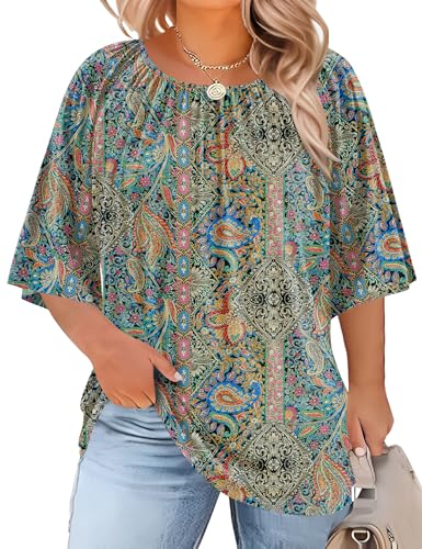 LOMON Womens Plus Size Tops Summer 3/4 Length Sleeve Crewneck Blouses Dressy Casual Loose Curvy Flowy Tunic Shirts 1X-5X