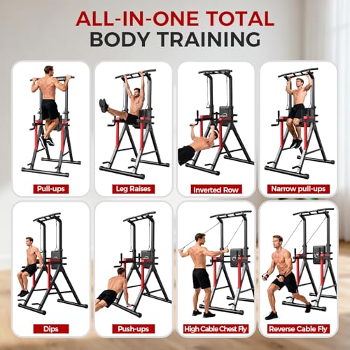 LFEYYD Power Tower Pull Up Bar Free Standing - 13-Level Adjustable Height Dip Station - Home Gym Strength Training Equipme...