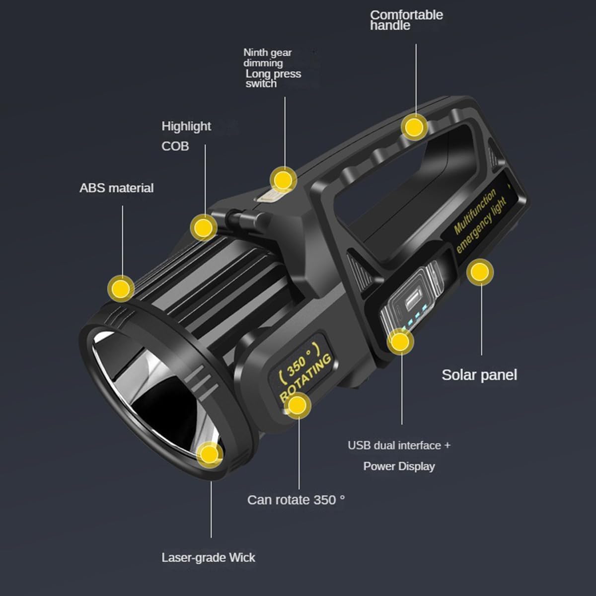 LETOUR Rechargeable LED Spotlight Flashlight, 9 Modes, IPX6 Waterproof, 350? Rotate Head, XX-Large, Model LT-CL012B