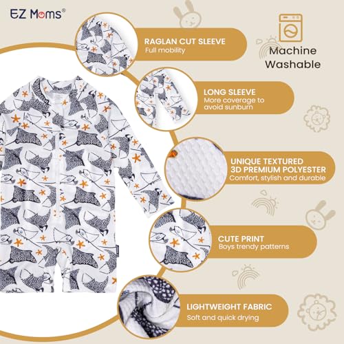 EZ Moms Baby Boy Swimsuit UPF 50+ Long-Sleeve One Piece Zipper Toddler Bathing Suit Baby Beach Wear Sunsuit with a Swim Cap