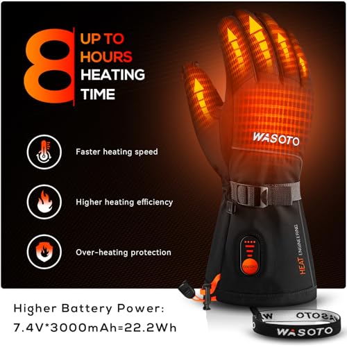 WASOTO Heated Gloves for Men Women 7.4V Battery 22.2WH Rechargeable Heated Ski Gloves Touchscreen Waterproof Electric Heat...