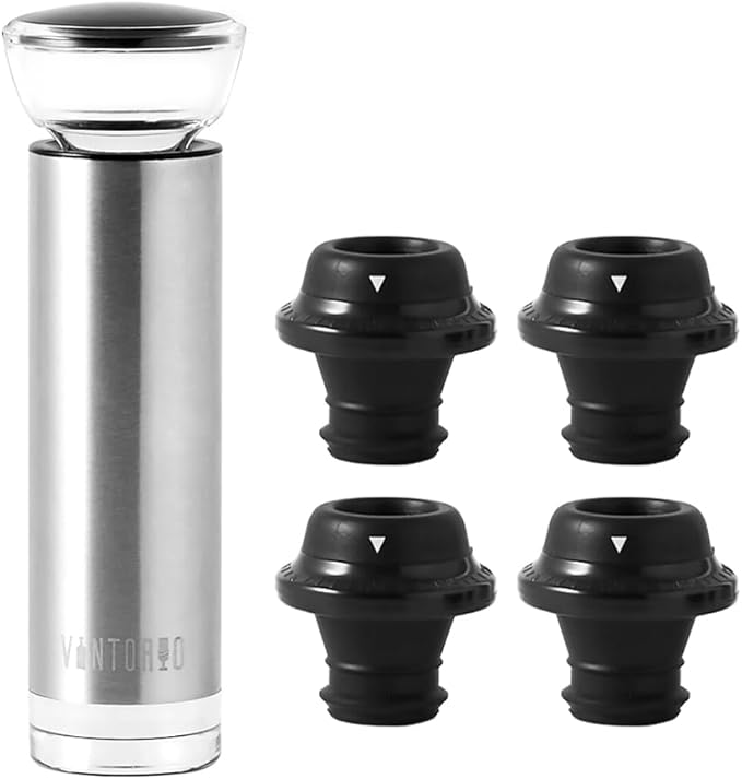 Vintorio Vacuum Wine Saver Pump with 4 Reusable Bottle Stoppers